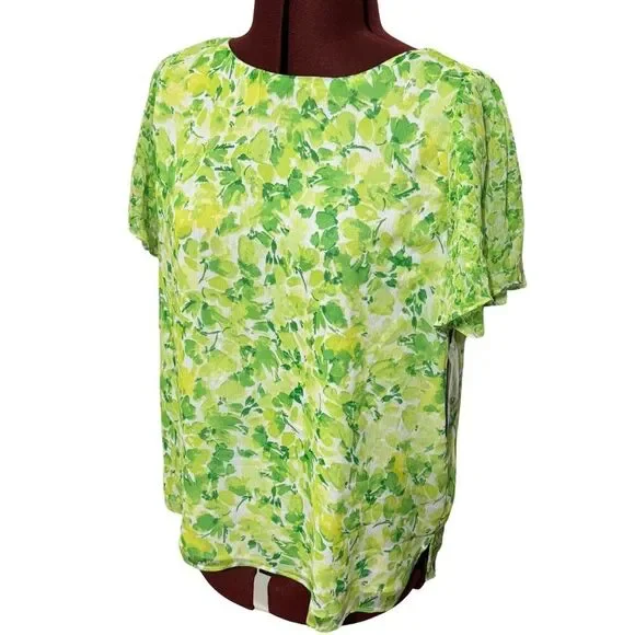 VINCE CAMUTO Floral Ruffle Flutter Short Sleeve Blouse Bright Emerald NWT Medium - Picture 3 of 9